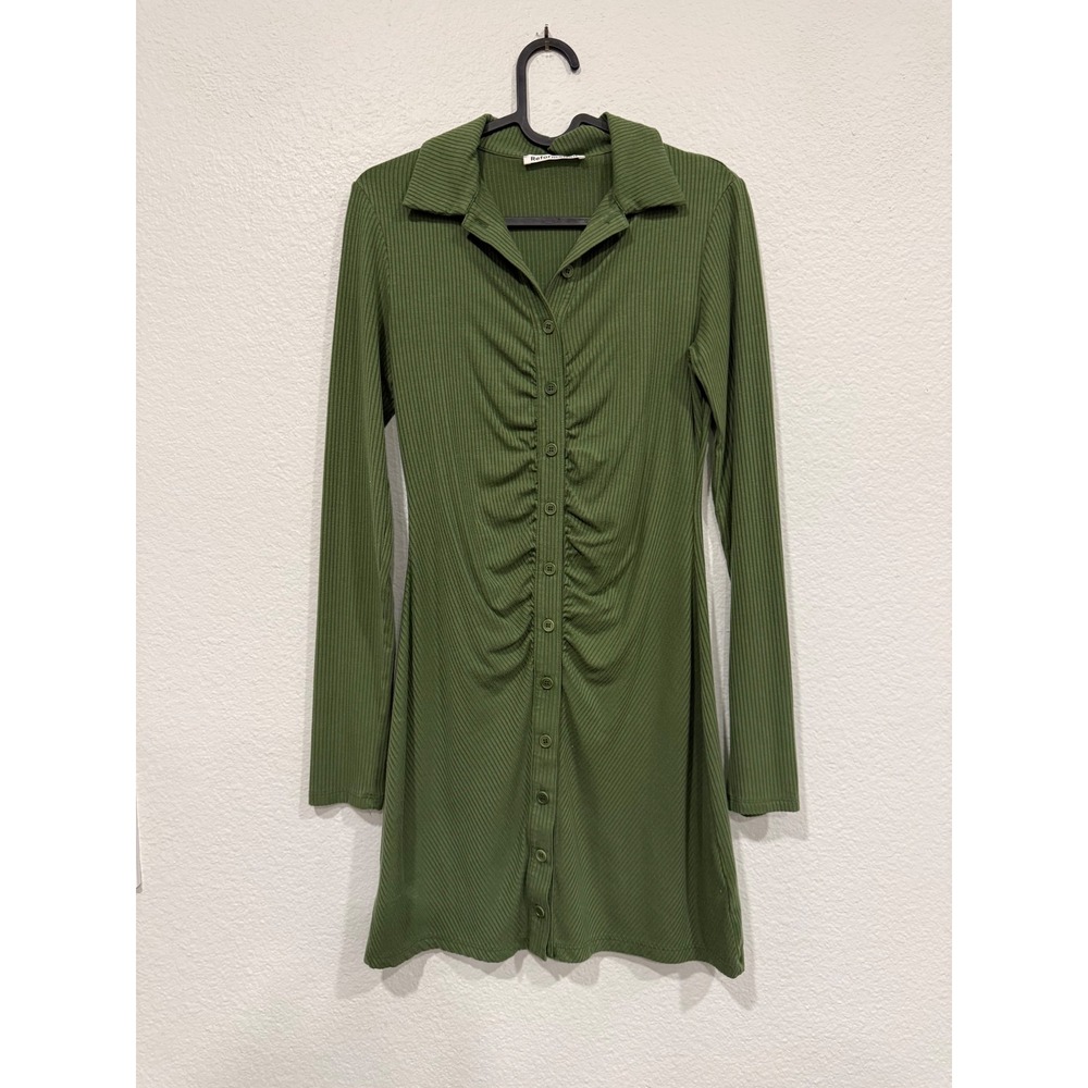 Reformation Amy Knit Green Ribbed Ruched Button Up Mini Dress Small - Picture 2 of 8